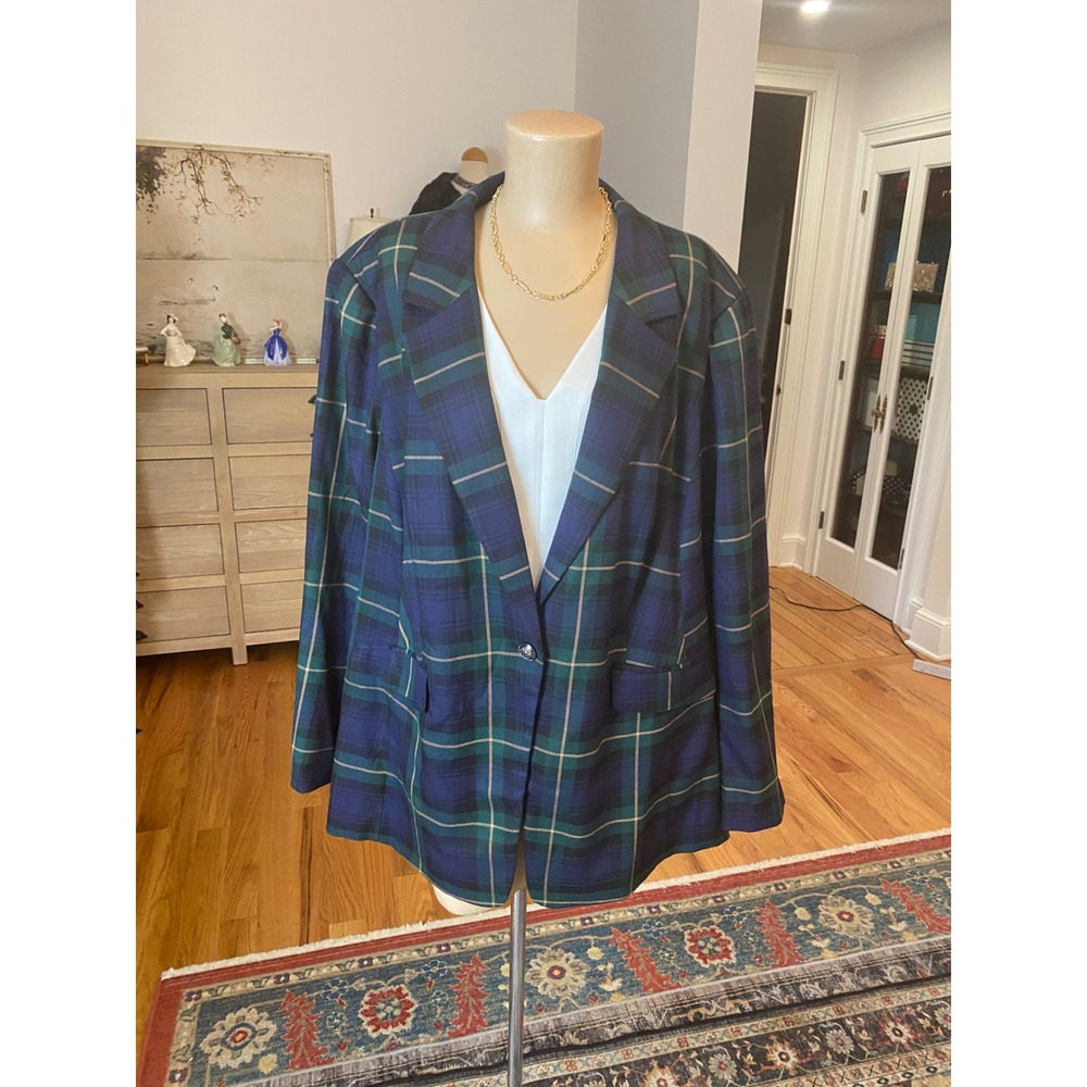 Lane Bryant Womens Plus 24 Blue Green Plaid Single Button Blazer Jacket 11183